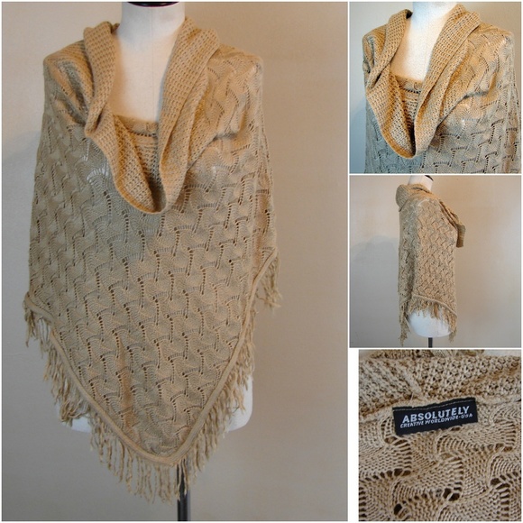 Absolutely Sweaters - Absolutely Cowell neck knitted poncho boho fringe